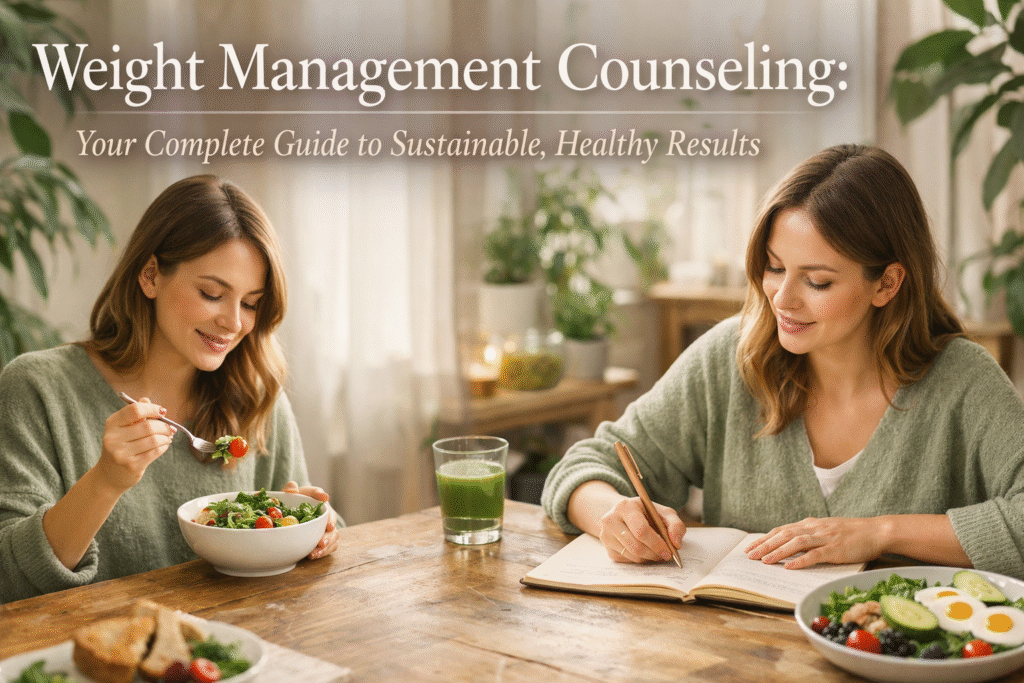 Weight Management Counselling: Your Complete Guide to Sustainable, Healthy Results banner showing healthy meal planning and mindful eating consultation